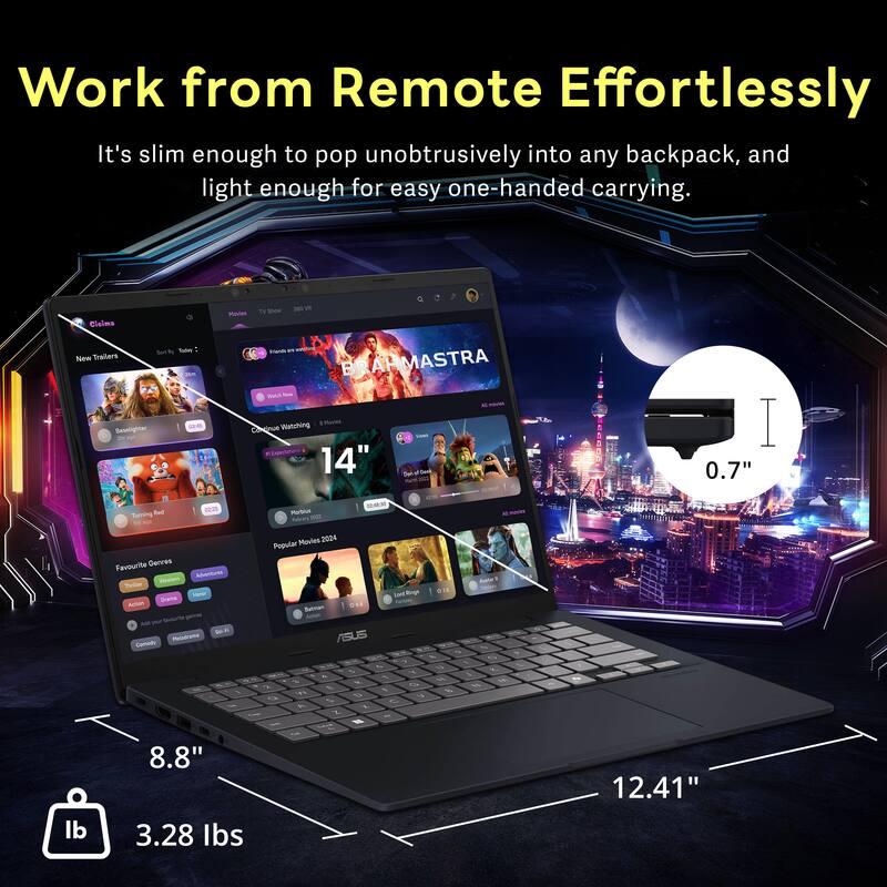 Work from Remote Effortlessly  
It's slim enough to pop unobtrusively into any backpack, and light enough for easy one-handed carrying.  

- 14"  
- 0.7"  
- 8.8"  
- 12.41"  
- 3.28 lbs
