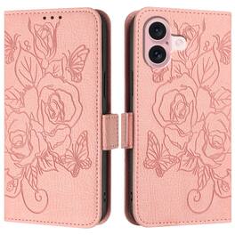Dteck - Embossed Texture Case for Apple iPhone 16,Faux Leather Card Holder Wallet Case,Magnetic Closure Flip Cover with Strap - Pink