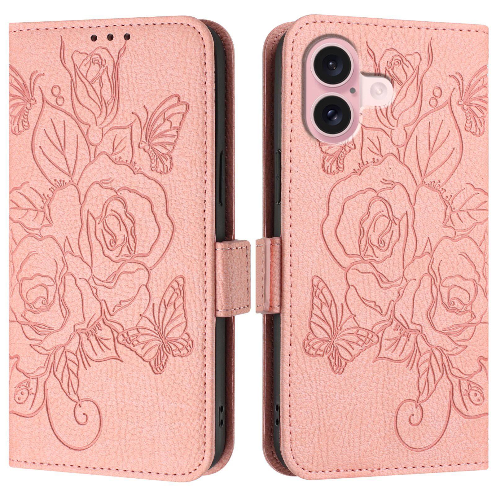 Front. Dteck - Embossed Texture Case for Apple iPhone 16,Faux Leather Card Holder Wallet Case,Magnetic Closure Flip Cover with Strap - Pink.