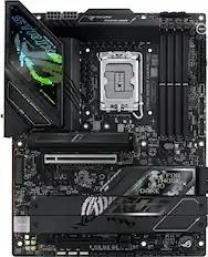 Republic of Gamers (ROG) is a brand of computer hardware and accessories by Asus. The image showcases a close-up of a ROG computer motherboard, which is a component of a computer system that connects all the other components together. The motherboard is designed for gaming and features a Strix logo, indicating its gaming-oriented capabilities. The image also displays a monitor and a keyboard, which are essential peripherals for a complete computer setup.