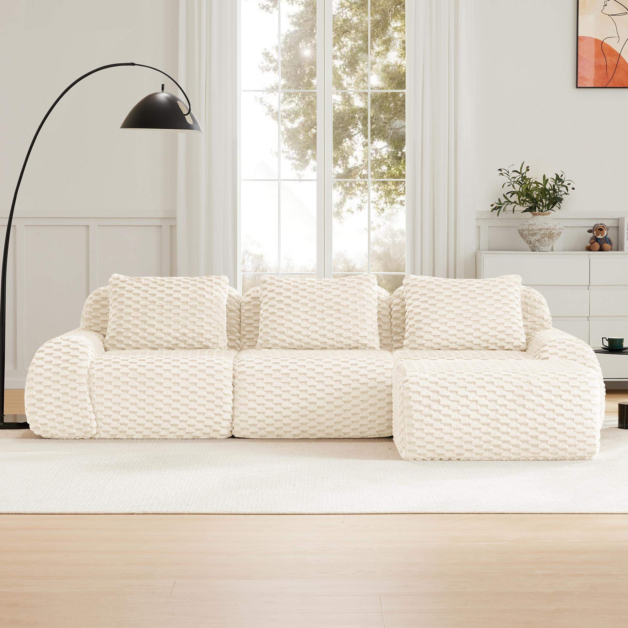 Left. Roomtec - 114 inch Modern LShaped Modular Sectional Sofa for Living RoomFlannelette FabricOversized 3Seater CouchDeep - Cream.