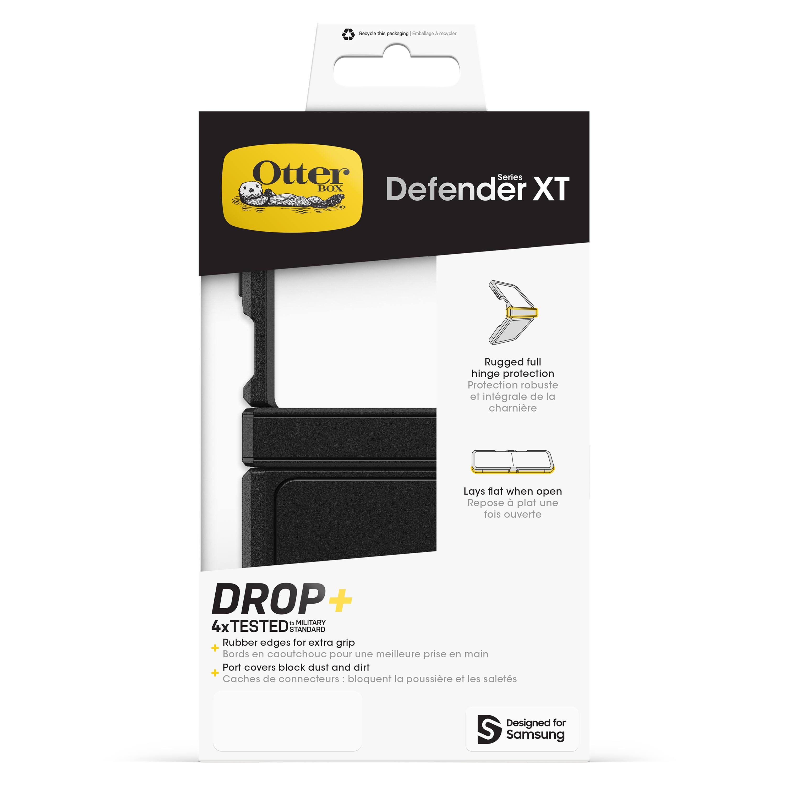The text on the image reads:
"Otter Series BOX Defender XT Rugged full hinge protection Protection robuste et intgrale de la charnire Lays flat when open Repose a plat une fois ouverte DROP + . MILITARY 4x TESTED STANDARD Rubber edges for extra grip + Bords en caoutchouc pour une meilleure prise en main Port covers block dust and dirt + Caches de connecteurs bloquent la poussire et les salets Designed for Samsung."
This text is describing the features of the Otter Box Defender XT, which is a protective case for a Samsung device. The case provides full hinge protection, is designed to lay flat when open, and has been tested to withstand four drops. The case also features rubber edges for better grip and port covers to block dust and dirt. The Otter Box Defender XT is designed specifically for Samsung devices.