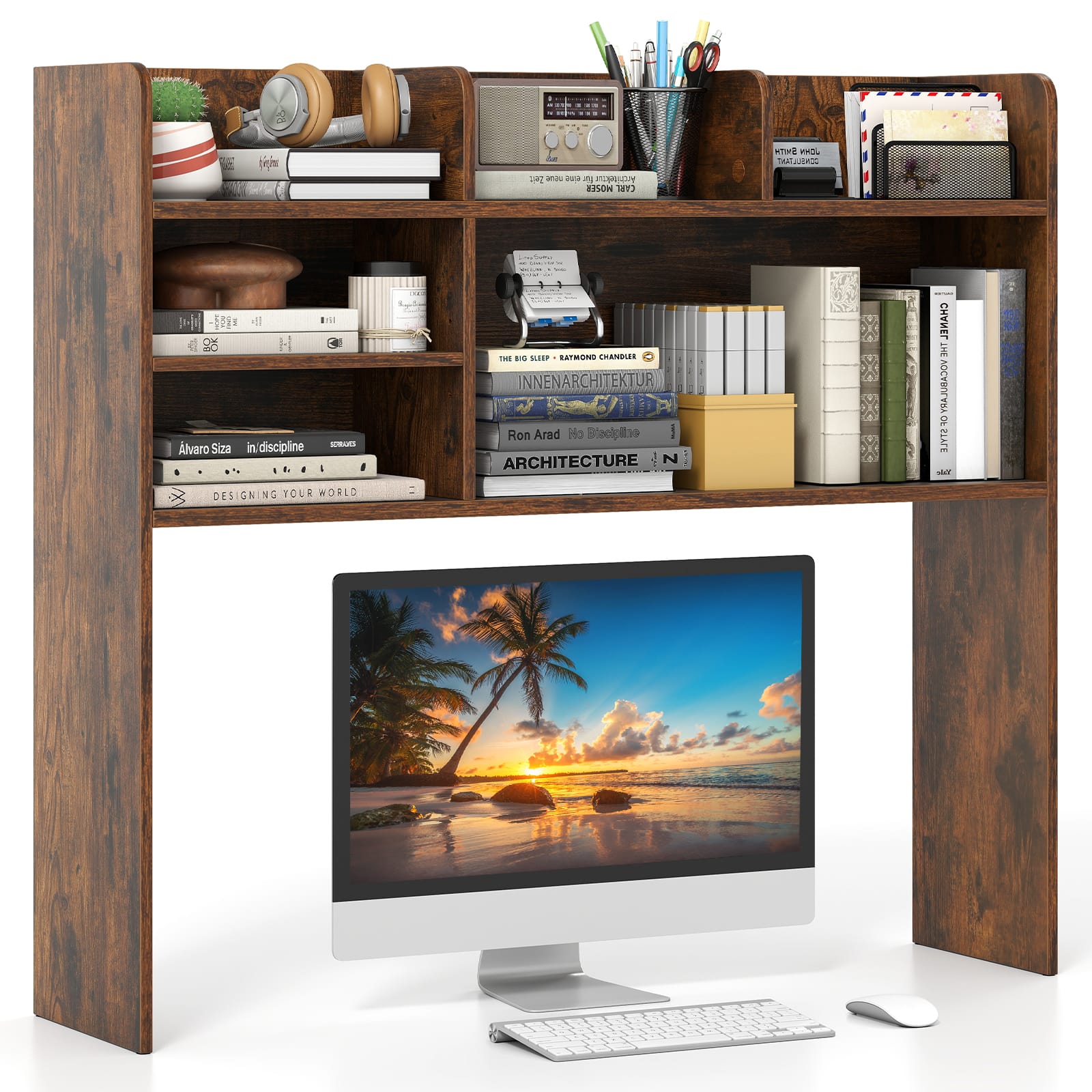Gymax - 3-Tier Desktop Bookshelf w/ 6 Shelves Desk Organizer for Computer Desk Brown - Rustic Brown