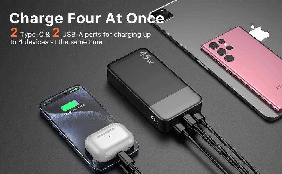 Charge Four At Once  
2 Type-C & 2 USB-A ports for charging up to 4 devices at the same time  
Current power 80%