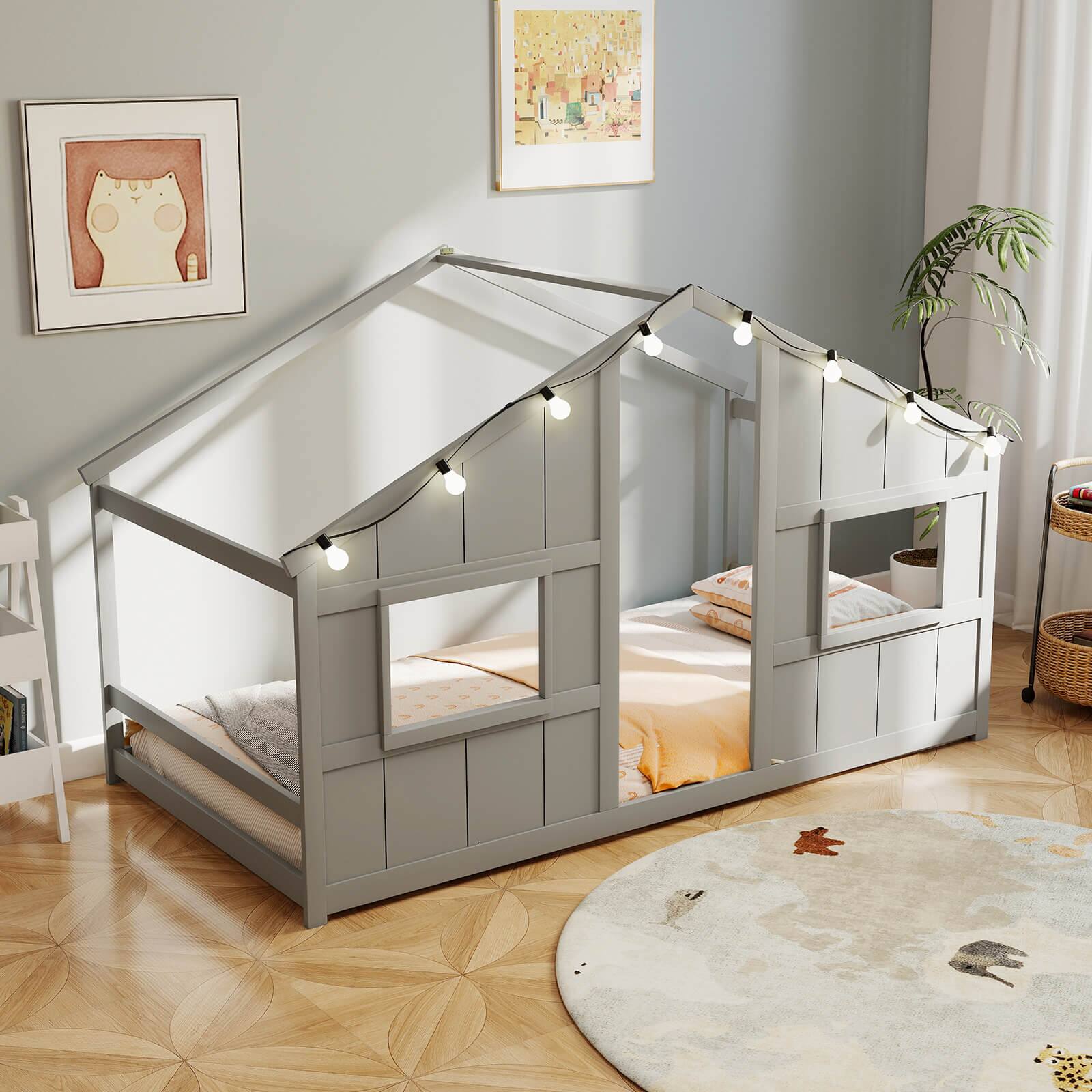 Alt View 3. Costway - Costway Twin Size House Floor Bed with LED Lights Solid Wood Bed Frame without Slats - Gray.