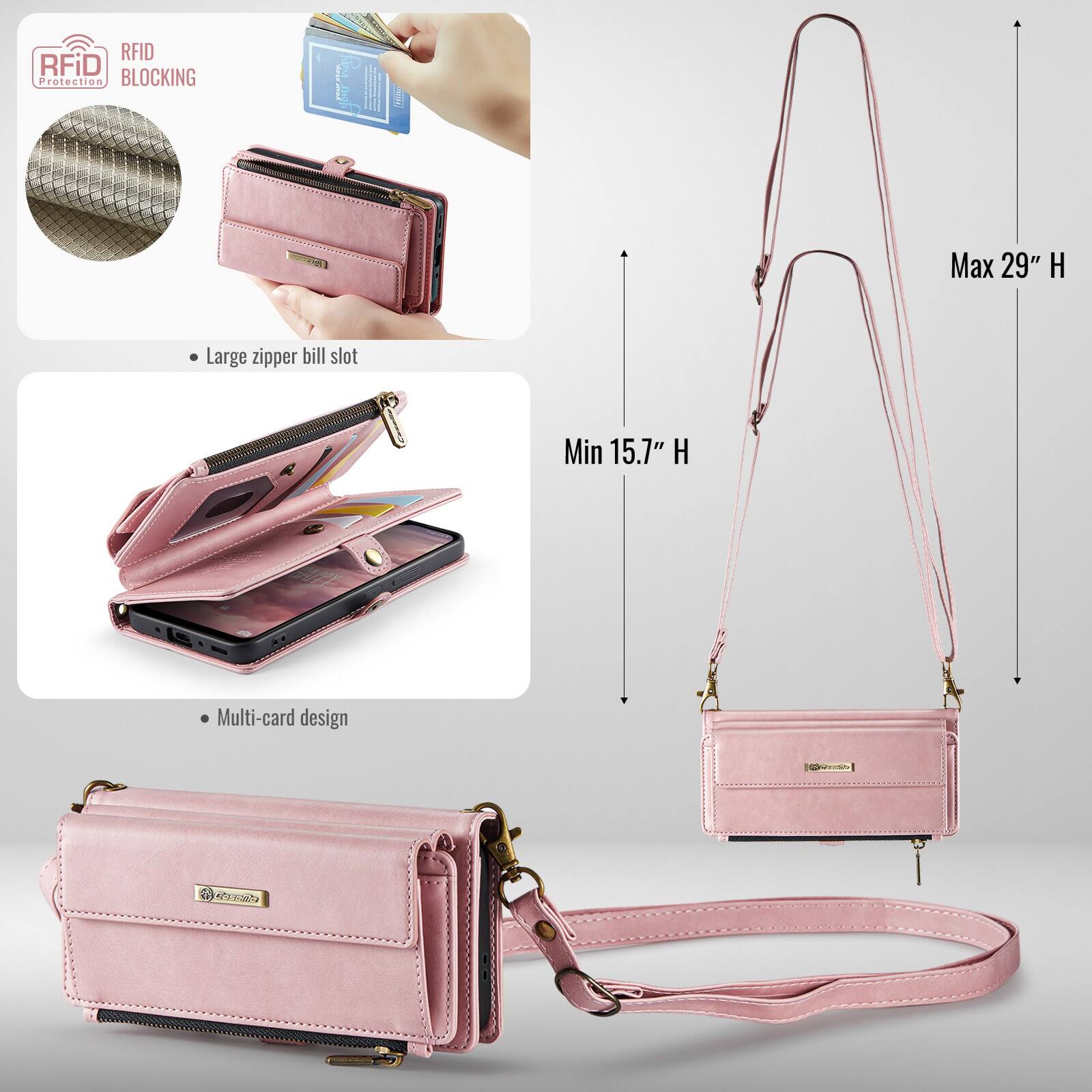 RFID Protection  
RFID BLOCKING  
Large zipper bill slot  
Multi-card design  
Max 29" H  
Min 15.7" H