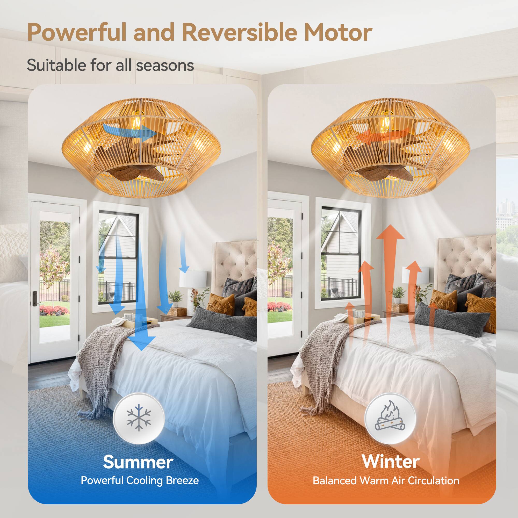 Powerful and Reversible Motor, Suitable for all seasons, Summer, Powerful Cooling Breeze, Winter, Balanced Warm Air Circulation