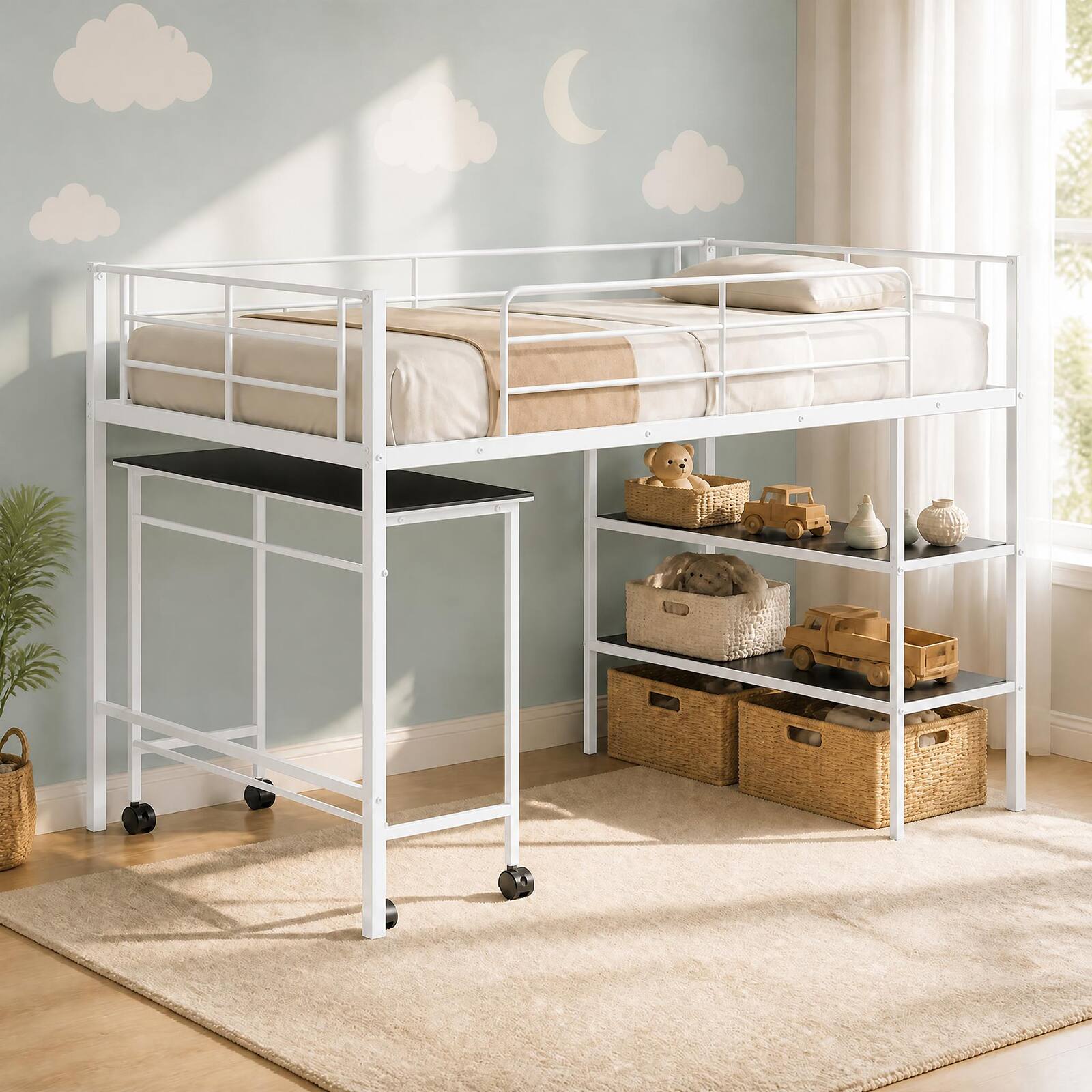 Alt View 3. Costway - Costway Twin Size Loft Bed with Rolling Desk & Bookshelf, Metal Slats for Bedroom Dormitory - White.