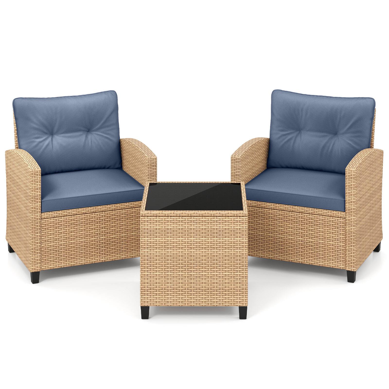 Alt View 9. Costway - Costway 3PCS Patio Furniture Set, Rattan Conversation Set with Soft Seat & Back Cushions - Light Brown+Bluish Gray.