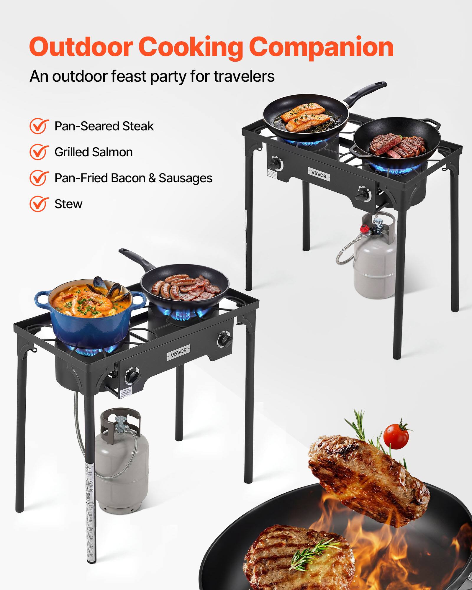 Outdoor Cooking Companion  
An outdoor feast party for travelers  

- Pan-Seared Steak  
- Grilled Salmon  
- Pan-Fried Bacon & Sausages  
- Stew  

VEVOR