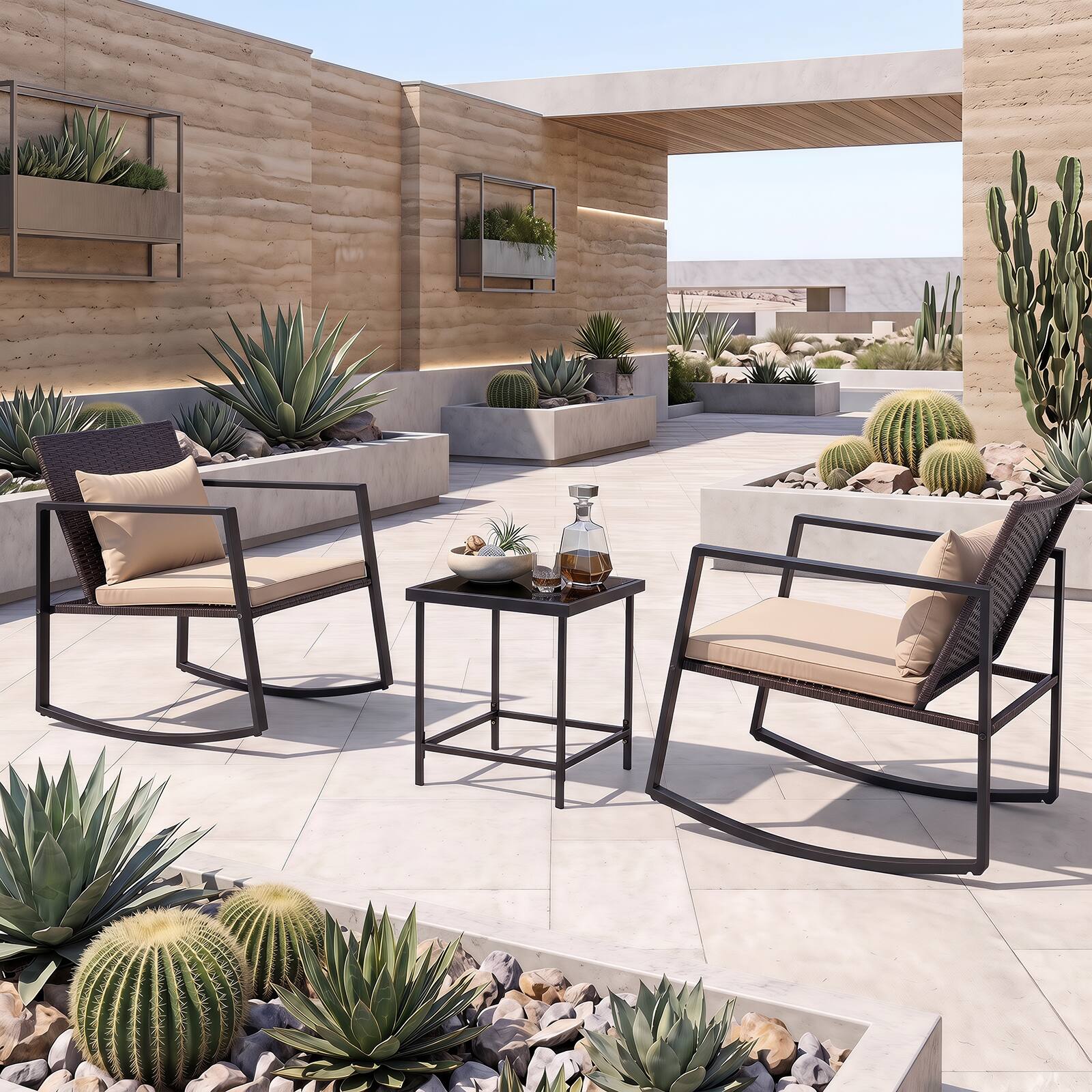 Alt View 4. Costway - Costway 3-Piece Outdoor Rattan Rocking Chair Set with Cushions and Tempered Glass Table, Metal Frame - Mix Brwon, Beige, Black.