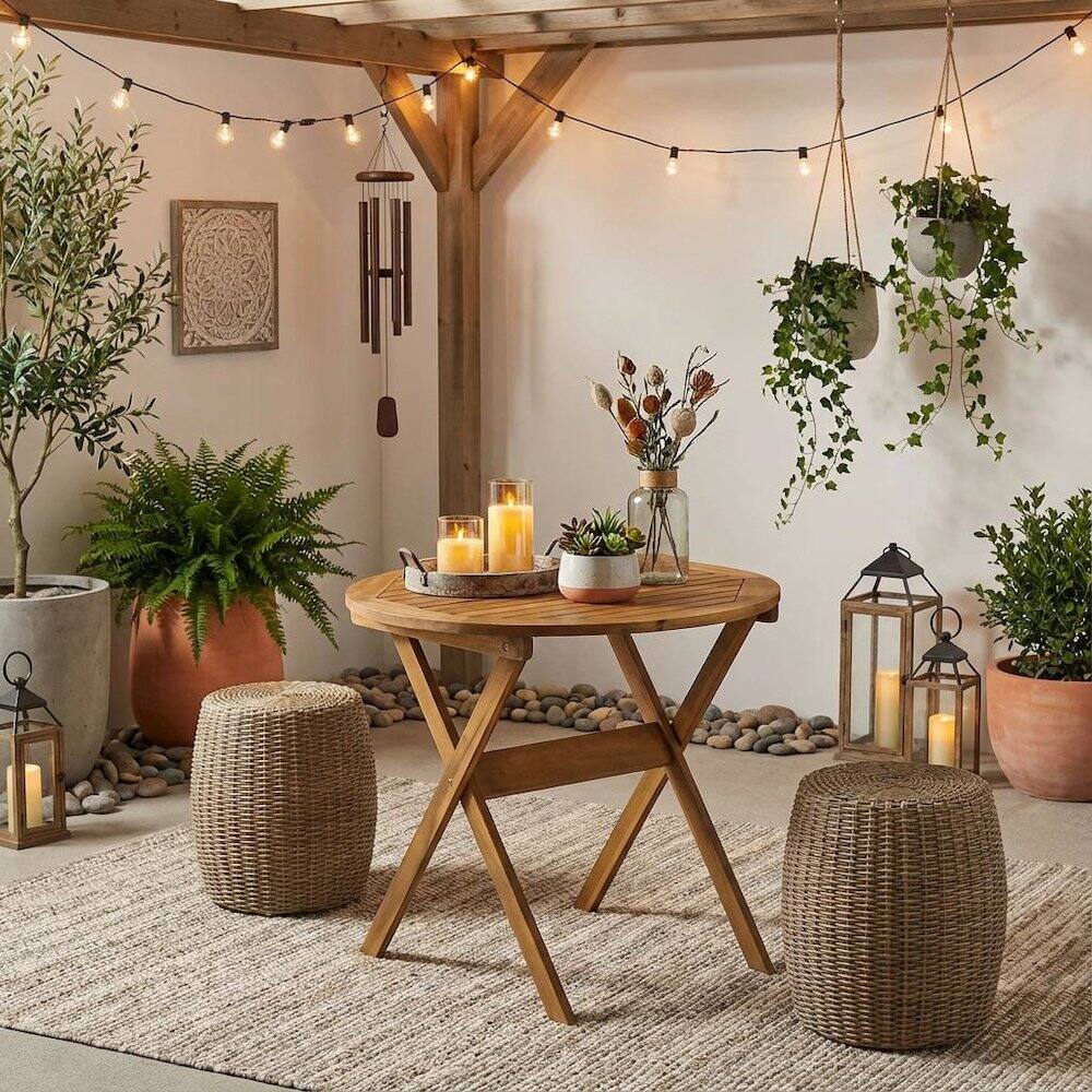 Alt View 3. Outdoor Escape - 3-Piece Outdoor Bistro Set with Oil Finish, Foldable Table and 2 Camping Chairs - Natural Oil.
