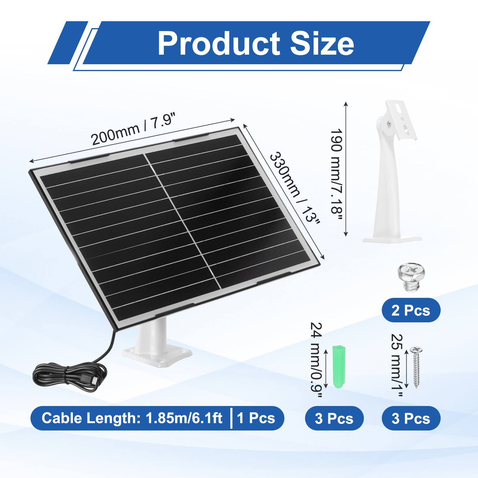 Product Size:  
- 200mm / 7.9"  
- 190mm / 7.5"  
- 330mm / 13"  

Cable Length: 1.85m / 6.1ft  

Included:  
- 1 Pcs  
- 2 Pcs  
- 3 Pcs  
- 3 Pcs  

Screws:  
- 24mm / 0.9"  
- 25mm / 1"