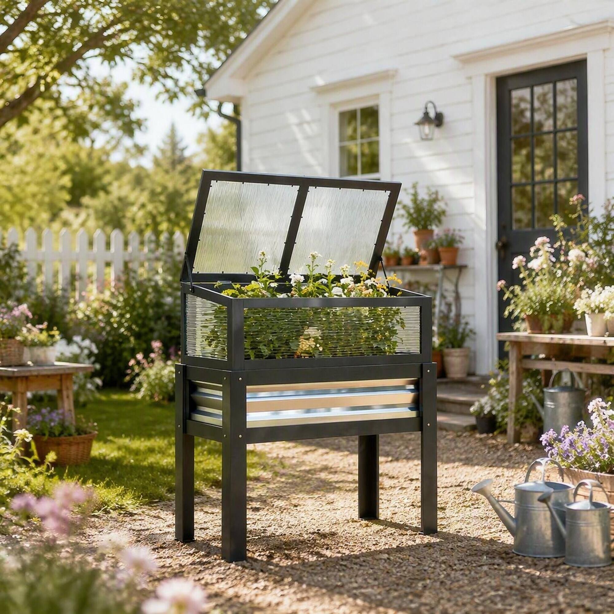 Left. RYHNUYNE - Raised Garden Bed with Flip-Up Cold Frame, Gray Fir Wood Elevated Planter Box for Patio and Yard, 35.4 Inch Wide - Gray.