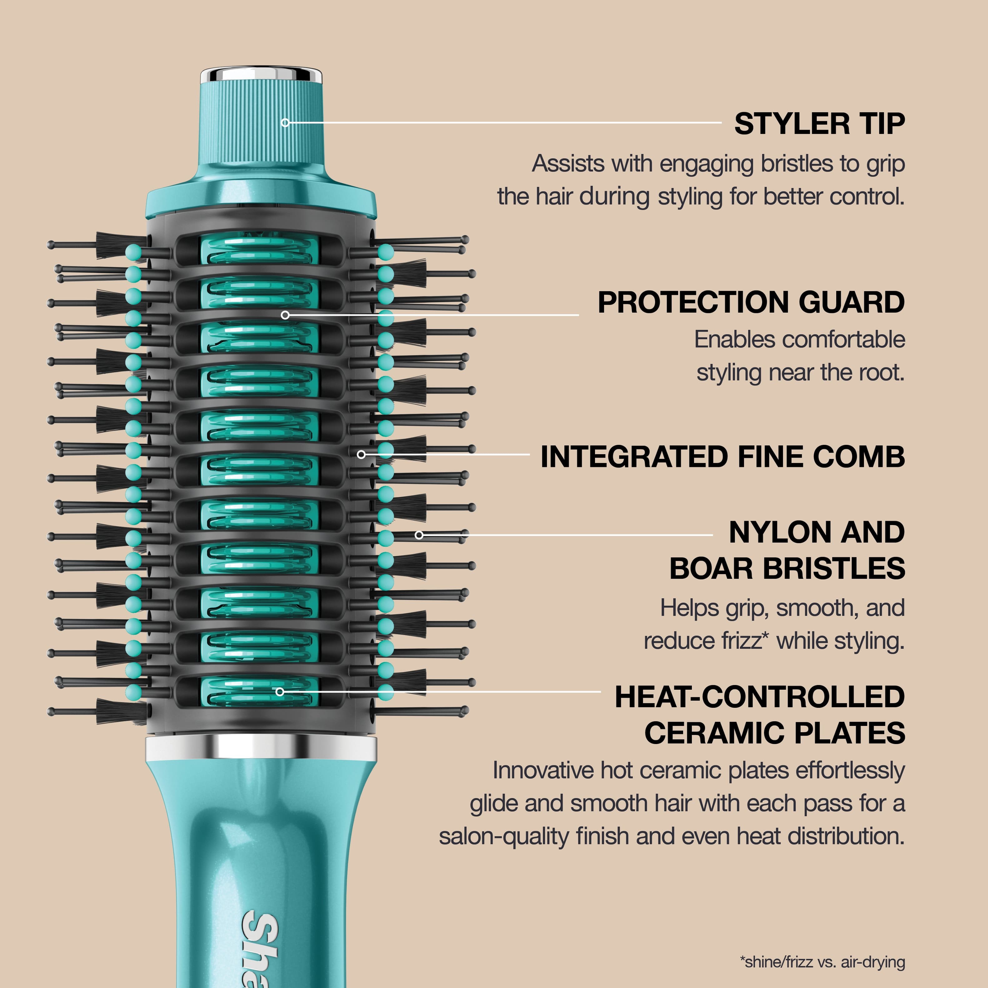 **STYLER TIP**
Assists with engaging bristles to grip the hair during styling for better control.
**PROTECTION GUARD**
Enables comfortable styling near the root.
**INTEGRATED FINE COMB**
**NYLON AND BOAR BRISTLES**
Helps grip, smooth, and reduce frizz* while styling.
**HEAT-CONTROLLED CERAMIC PLATES**
Innovative hot ceramic plates effortlessly glide and smooth hair with each pass for a salon-quality finish and even heat distribution.
*Shine/frizz vs. air-drying