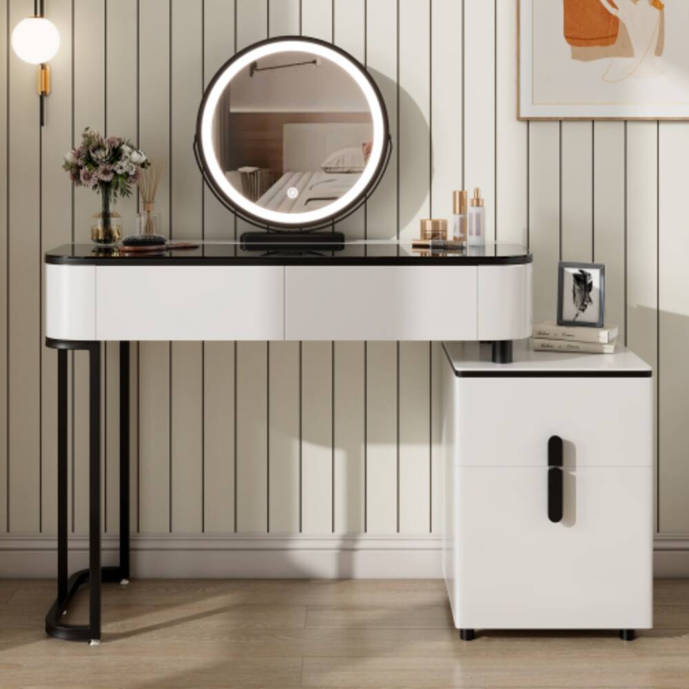 LUCKY ONE - 39.4in Freestanding Vanity Table with Glass Top, Storage Cabinet and Mirror for Bedroom - White