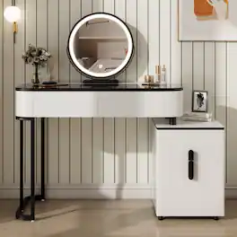 LUCKY ONE - 39.4in Freestanding Vanity Table with Glass Top, Storage Cabinet and Mirror for Bedroom - White