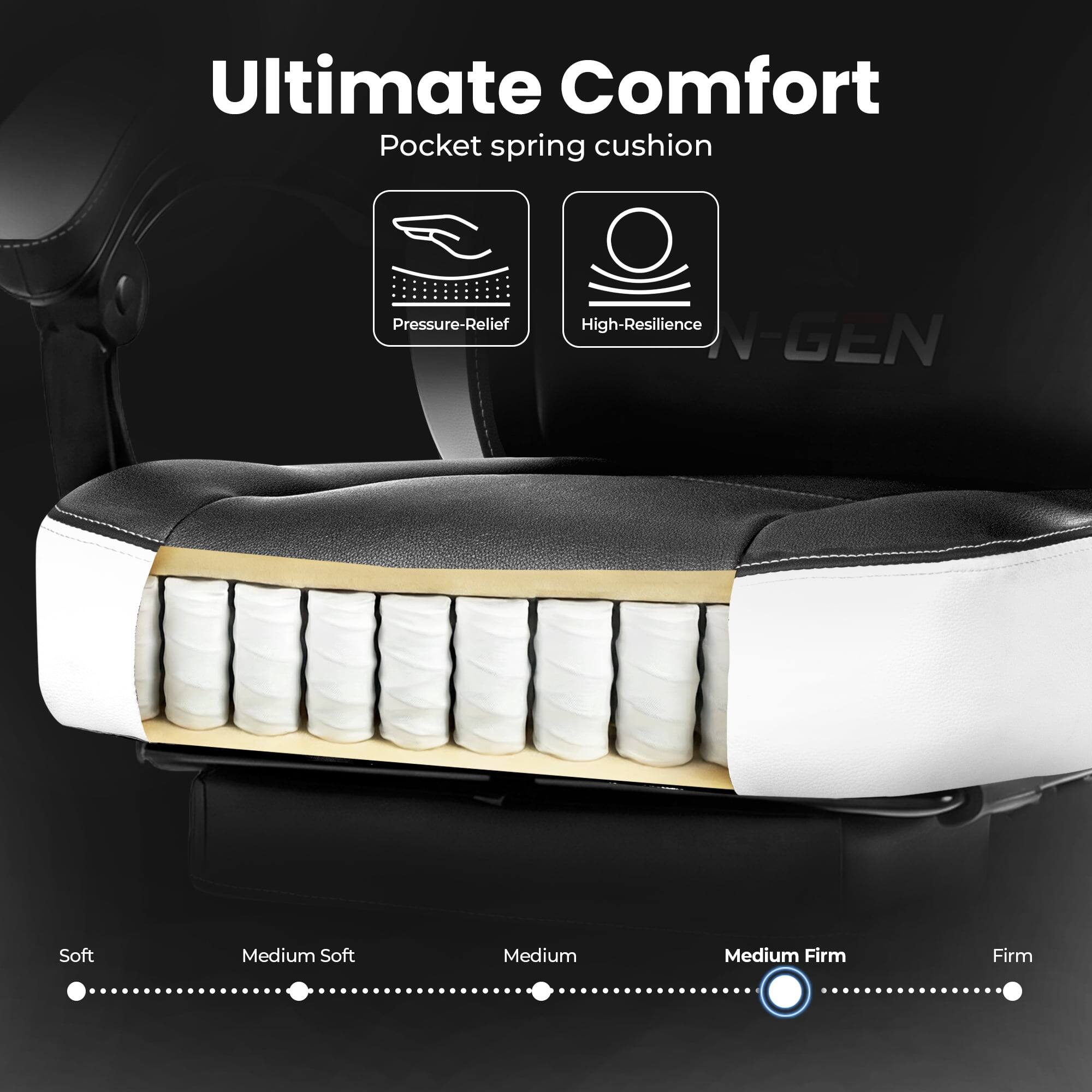 Ultimate Comfort  
Pocket spring cushion  
Pressure-Relief  
High-Resilience  
N-GEN  

Soft  
Medium Soft  
Medium  
Medium Firm  
Firm