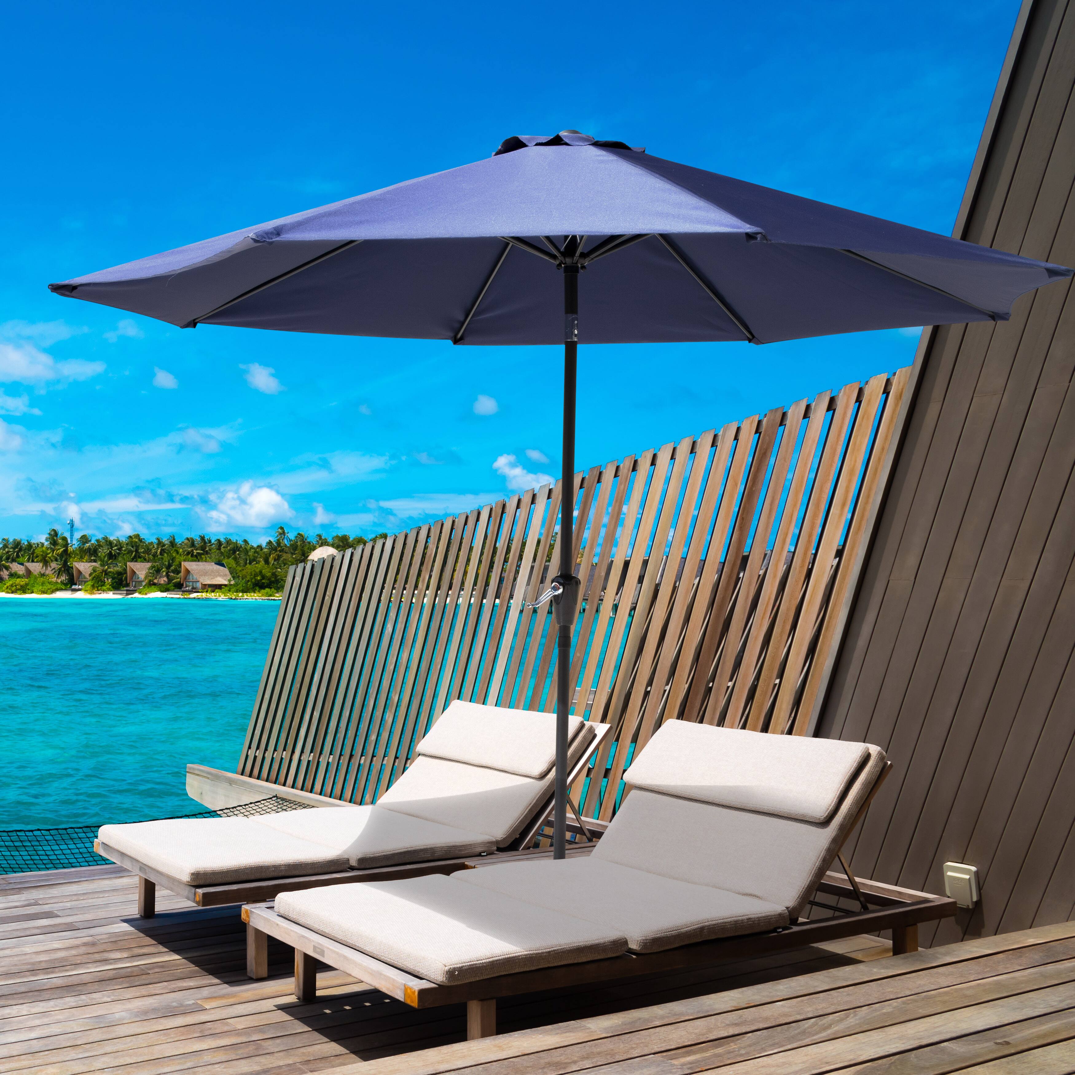 Back. Nuu Garden - Outdoor 10' Round Blue Patio Vented Umbrella, Crank, Push Button Tilt - Blue.