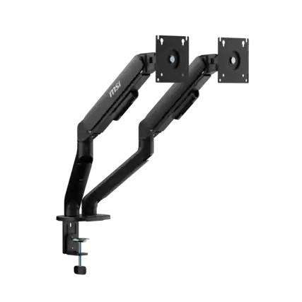 Front. MSI - MAG MT101DG Dual Monitor Arm – Adjustable Desk Mount, VESA Compatible, 17–32in, 22 lbs Capacity, Clamp & Grommet - Matte Black.