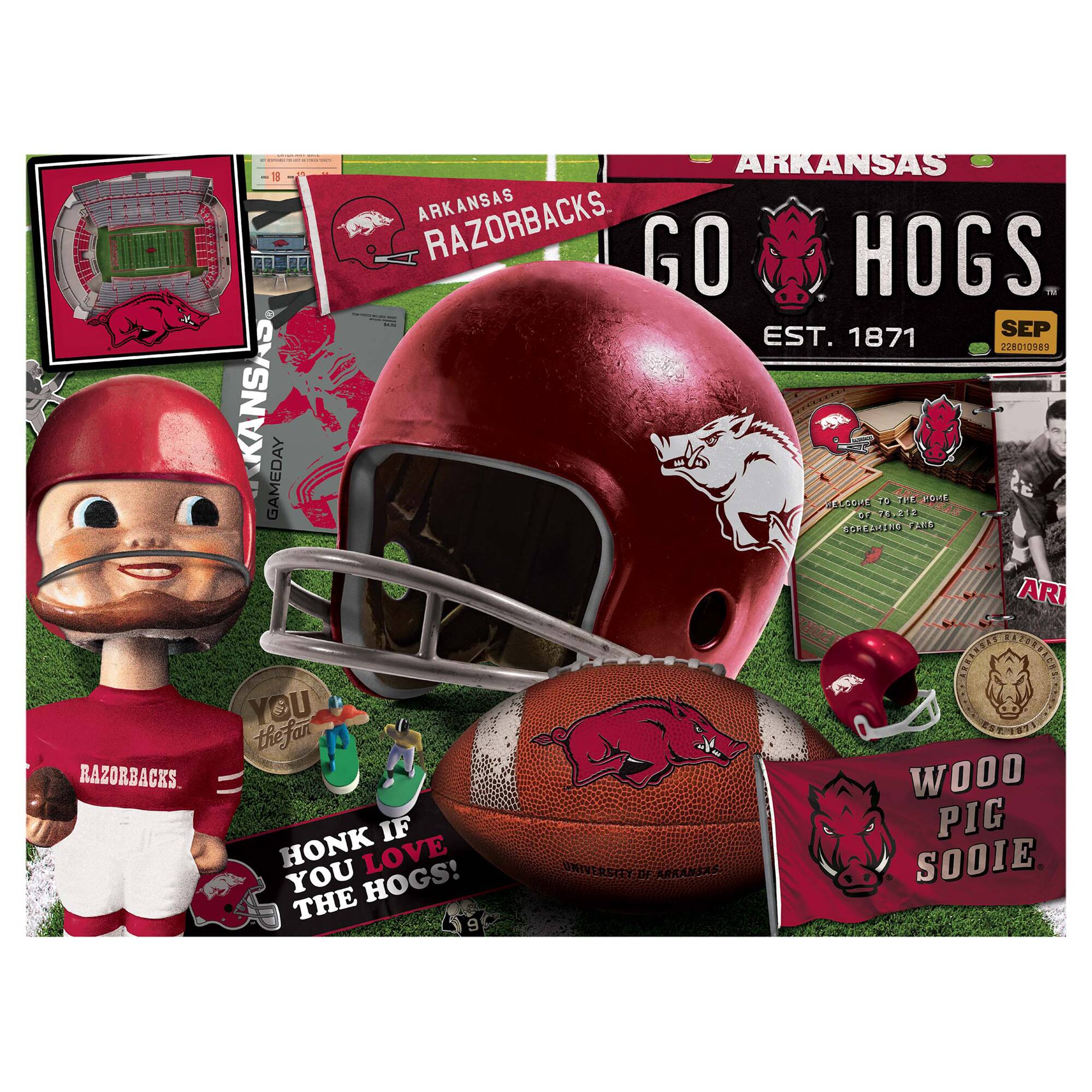 ARKANSAS RAZORBACKS  
GO HOGS  
EST. 1871  

ARKANSAS RAZORBACKS  
GAMEDAY  

YOU THE FAN  

HONK IF YOU LOVE THE HOGS!  

WOOO PIG SOOIE  

WELCOME TO THE HOME OF THE RAZORBACKS  
300 EMMETT PARK  

UNIVERSITY OF ARKANSAS