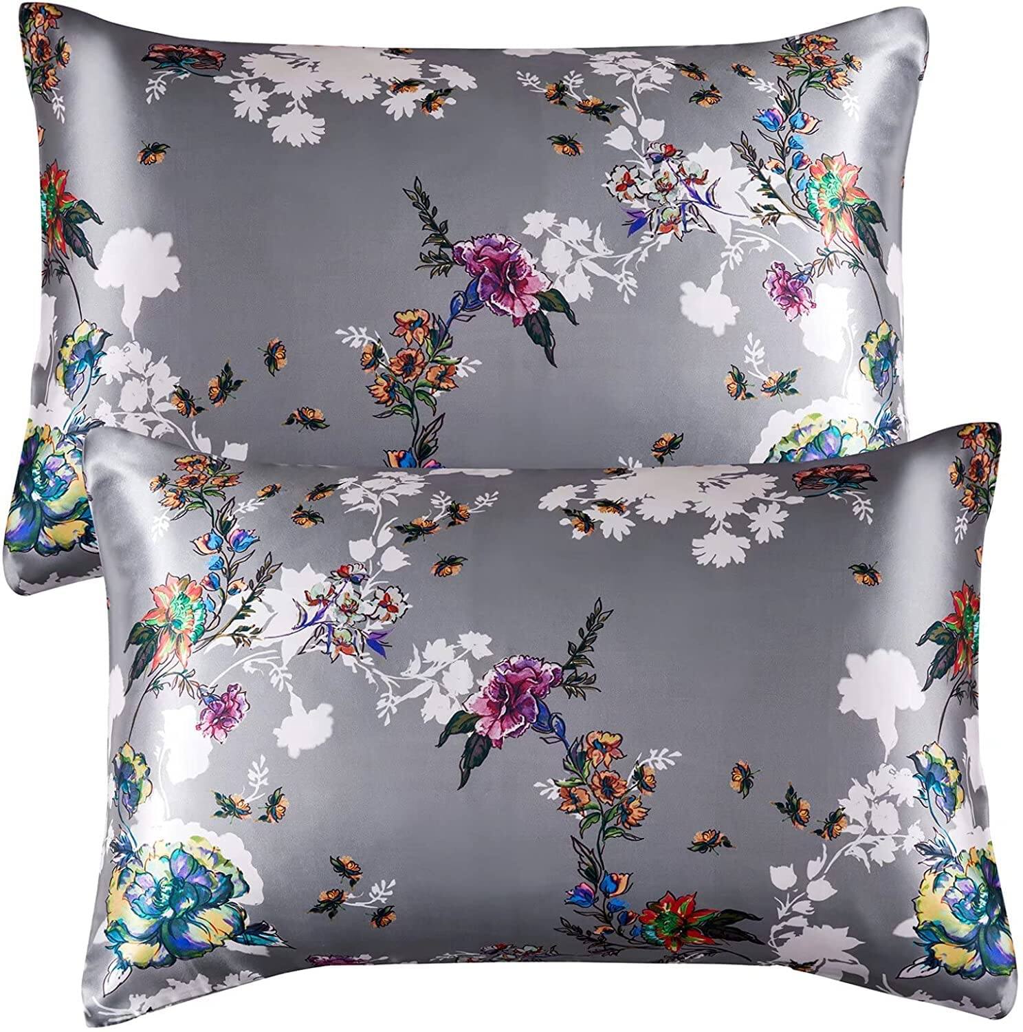 Front. MAGICAL RUBS - Grey Satin Pillowcase For Hair And Skin  Silk 2 Pack Queen Size Pillow Cases Set Of 2 Women With Envelope Closure (20... - Grey Flower King(20"x40").