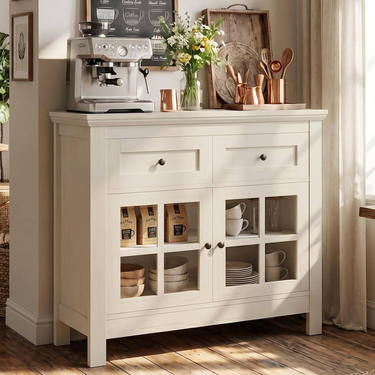 Aheaplus - 35.8'' Width Farmhouse Coffee Bar Cabinet with 2 Drawers and Adjustable Shelf, Buffet Cabinet for Dining, Kitchen - Rustic White price history on PriceWatchPro