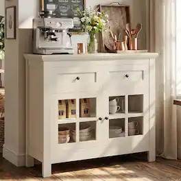 Aheaplus - 35.8'' Width Farmhouse Coffee Bar Cabinet with 2 Drawers and Adjustable Shelf, Buffet Cabinet for Dining, Kitchen - Rustic White