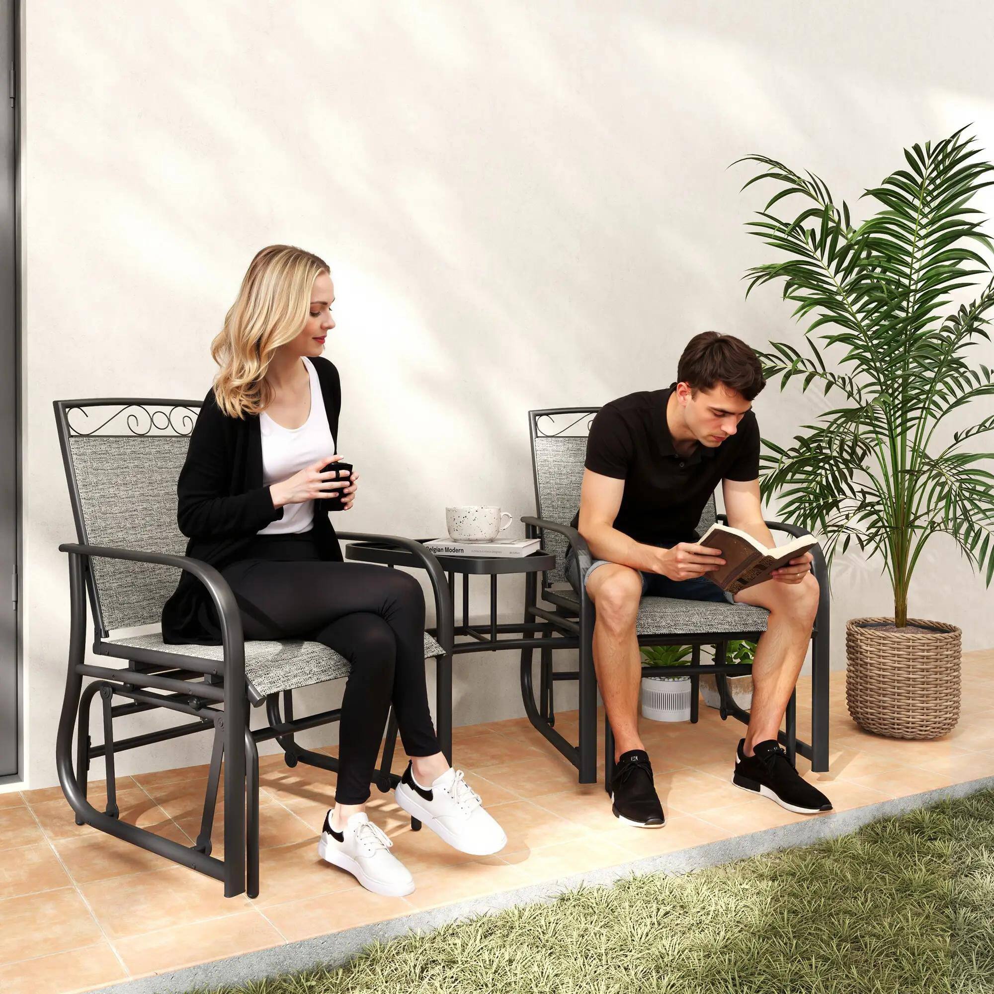 Alt View 7. Resenkos - Resenkos Patio Glider Chairs with Coffee Table, 2-Seat Swing Rocker, Breathable Sling, Outdoor Backyard Relaxation, Gray - Gray.