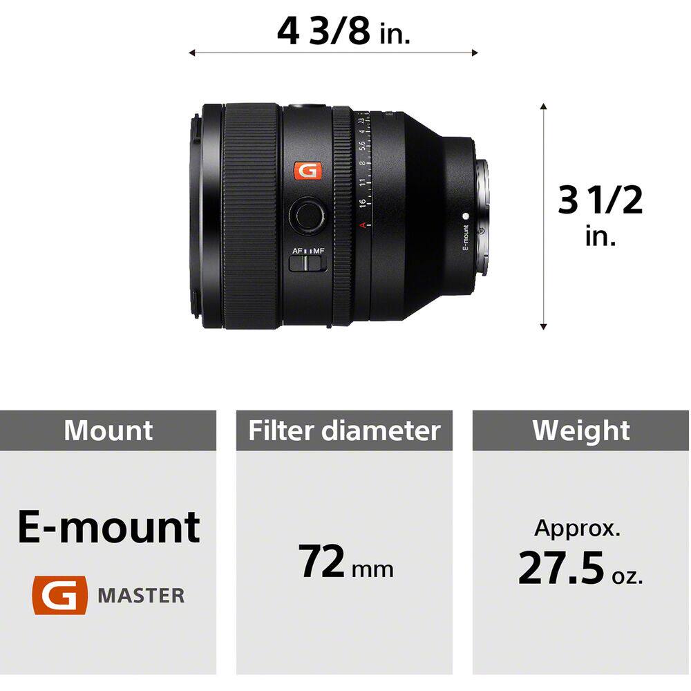 4 3/8 in.  
G AF - IMF  
2,8 4 5.6 8 11 16  
E-mount  
3 1/2 in.  
Mount  
Filter diameter  
Weight  
E-mount D MASTER  
72 mm  
Approx. 27.5 oz.