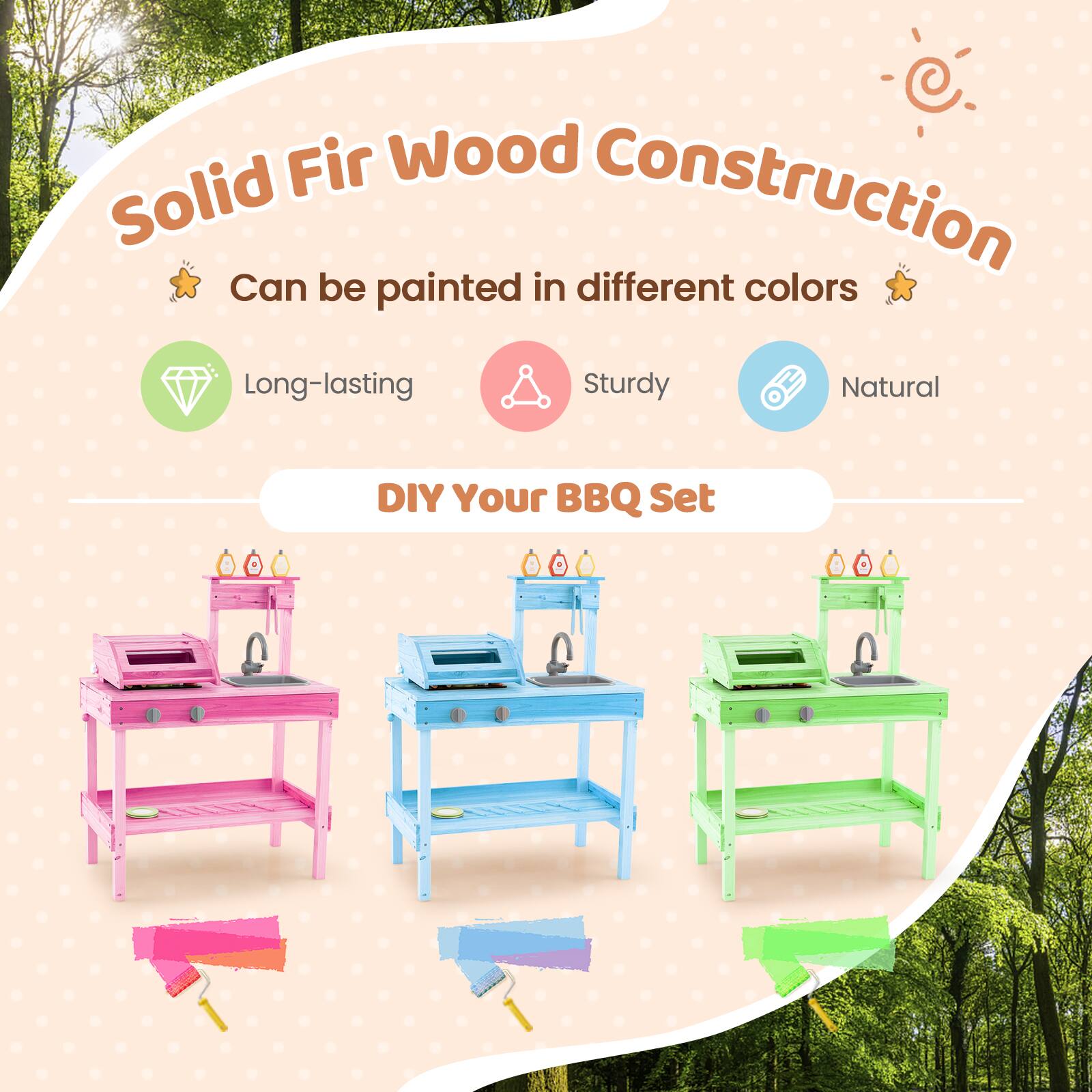 Solid Fir Wood Construction  
Can be painted in different colors  
Long-lasting  
Sturdy  
Natural  
DIY Your BBQ Set