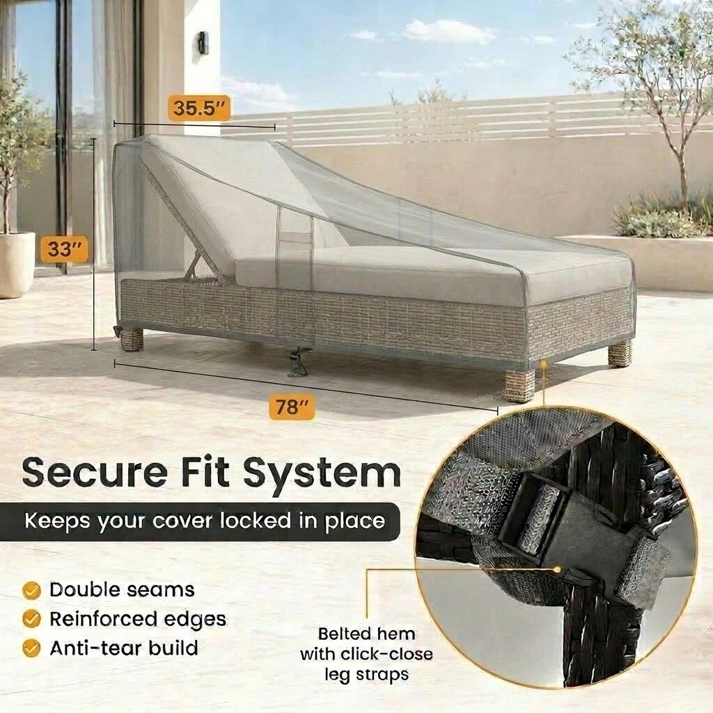 35.5" 33" 78" Secure Fit System Keeps your cover locked in place Double seams Reinforced edges Anti-tear build Belted hem with click-close leg straps