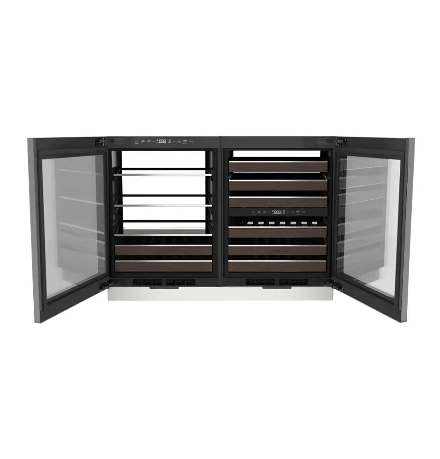 The text on the image reads "U & -- 00 ONU. -. ..A." However, this text does not appear to be related to the image of the open refrigerator with a wine rack. It is likely an unrelated or unintended message.