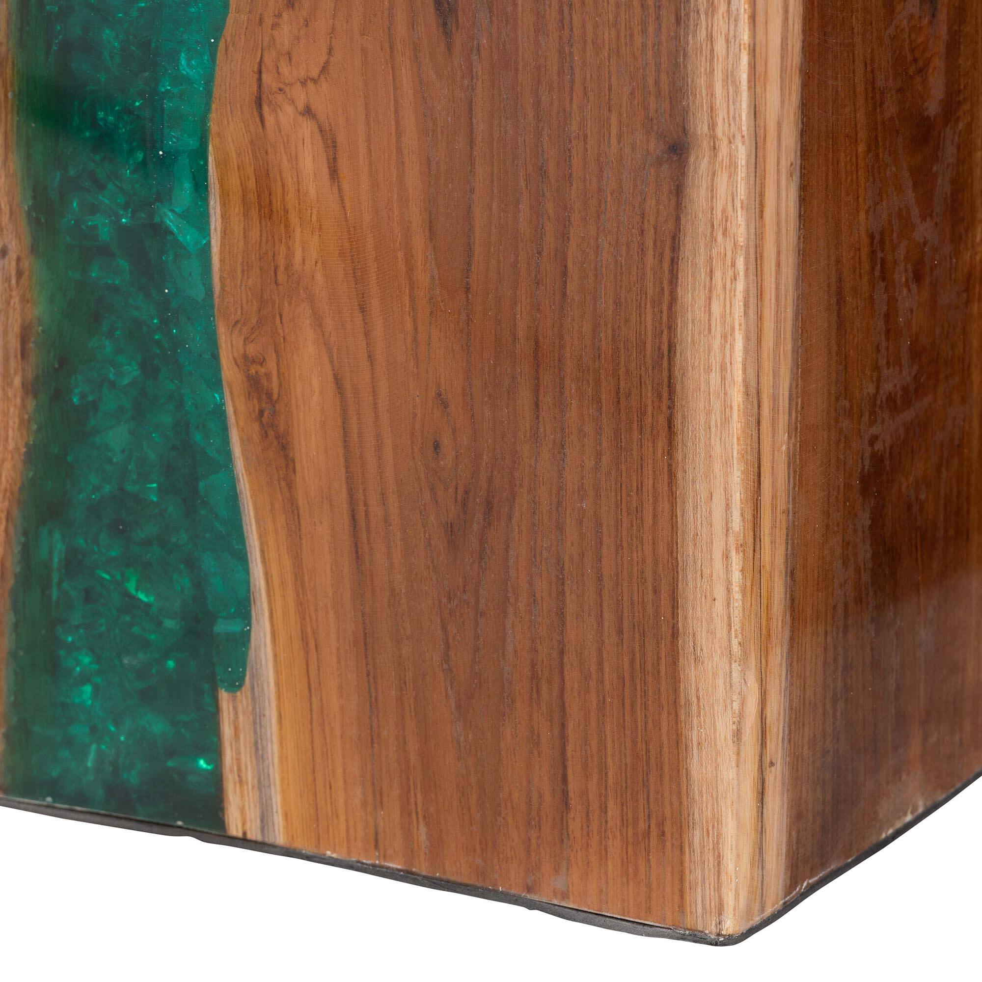 Alt View 1. bali & pari - Anan Teak Wood Epoxy Resin End Table - Live Edge Cube Side Table, Accent Table, Cube - Natural Brown/Green.