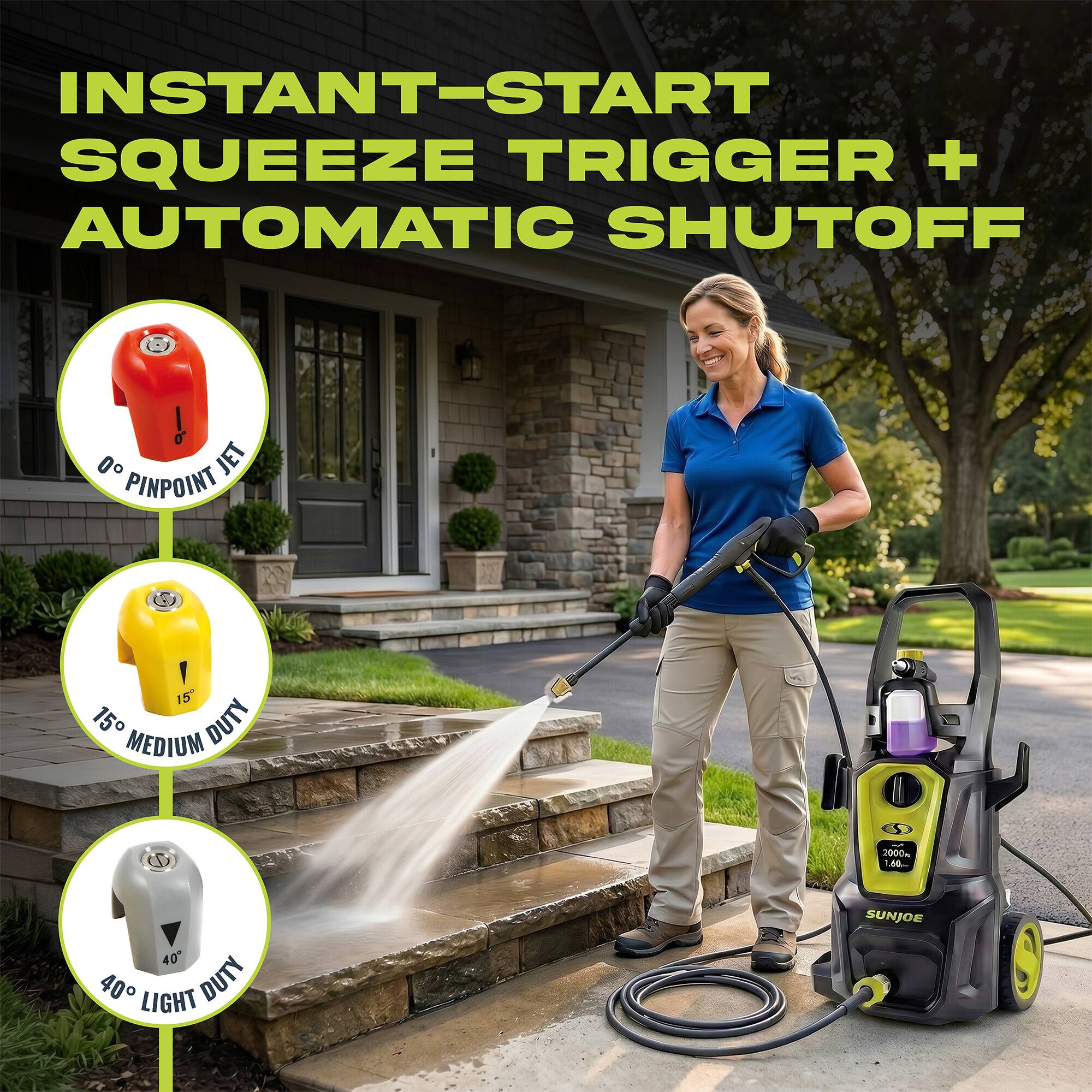 INSTANT-START SQUEEZE TRIGGER + AUTOMATIC SHUTOFF  
0° PINPOINT JET  
15° MEDIUM DUTY  
40° LIGHT DUTY  
SUNJOE