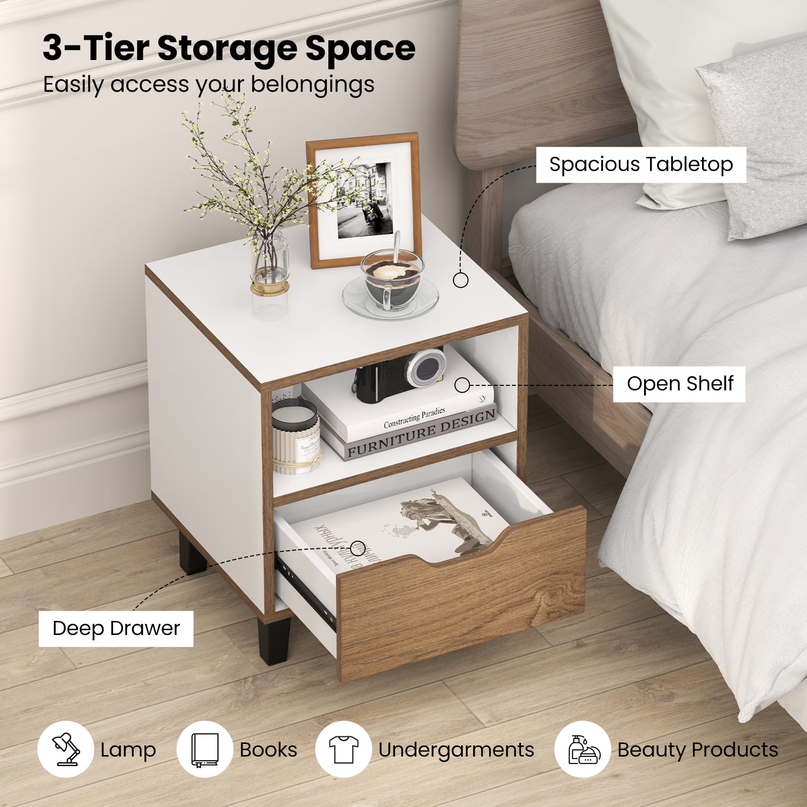 Gymax Nightstand Mid Century Modern Bedside Table w/ Drawer Open