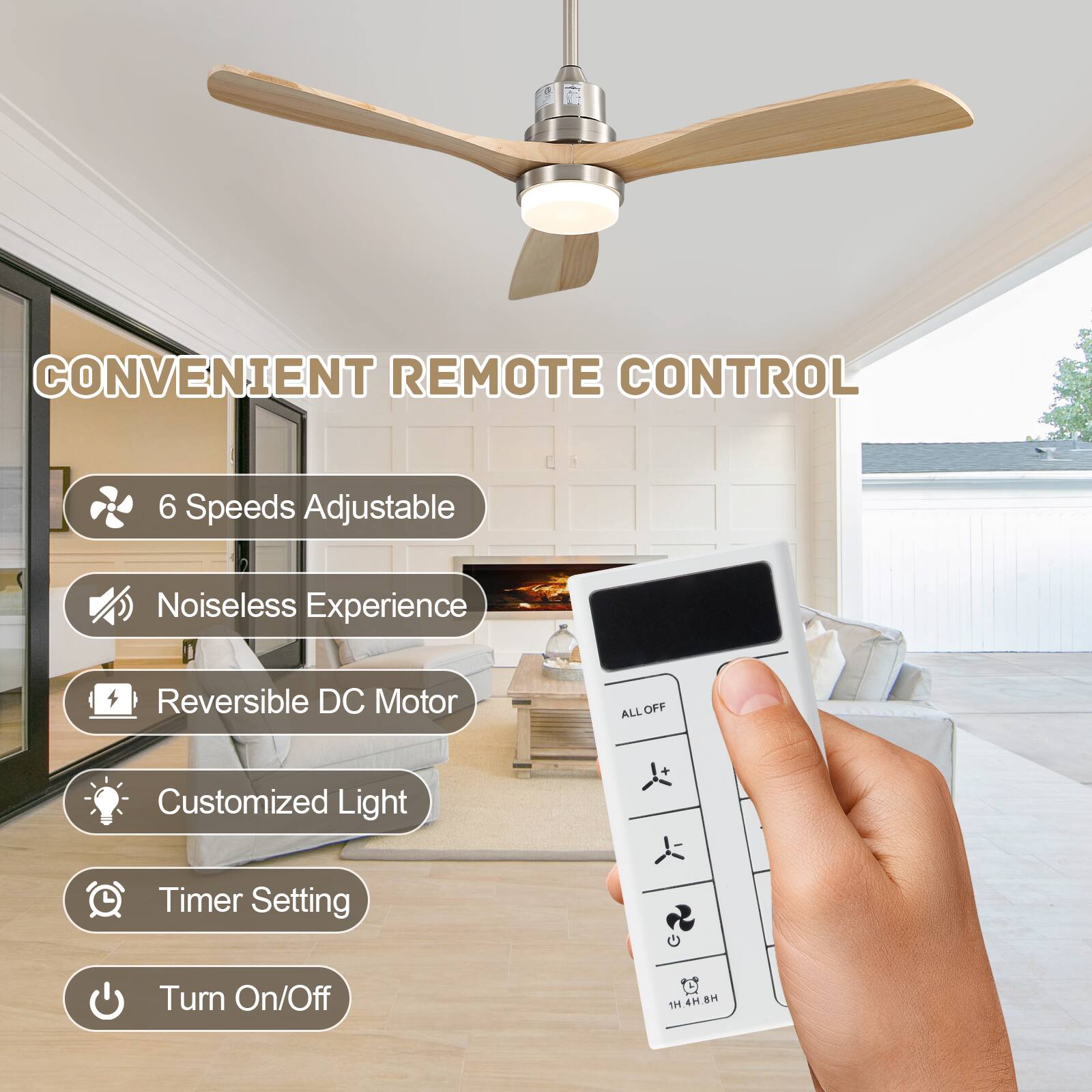 CONVENIENT REMOTE CONTROL  
6 Speeds Adjustable  
Noiseless Experience  
Reversible DC Motor  
Customized Light  
Timer Setting  
Turn On/Off  

ALL OFF  
1H 4H 8H