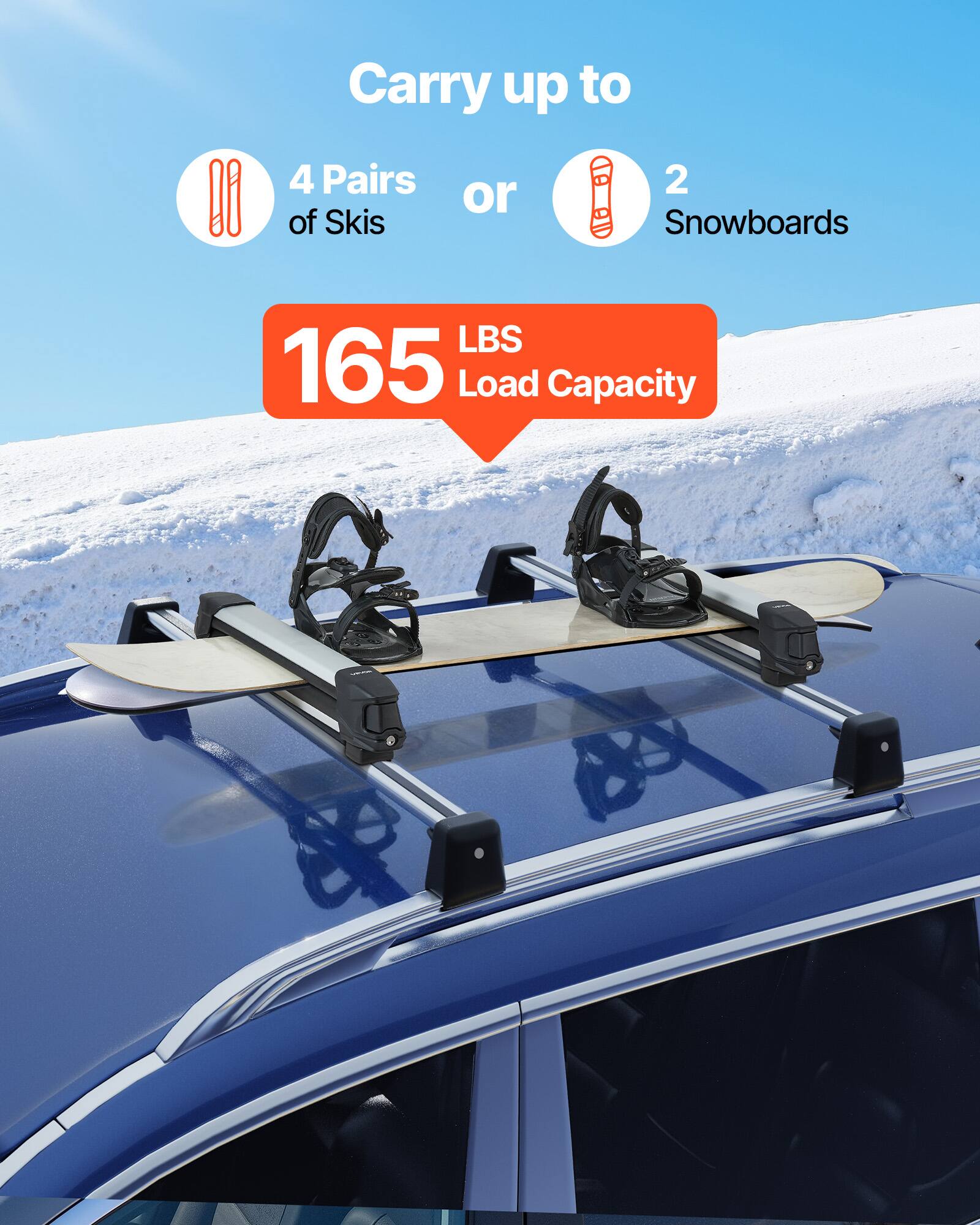 Carry up to 4 Pairs of Skis or 2 Snowboards  
LBS 165 Load Capacity