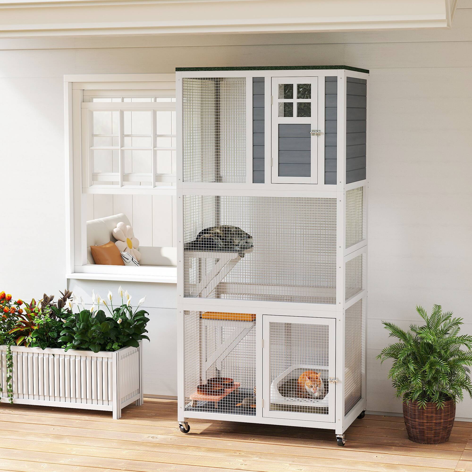 Alt View 1. Pawhut - Wooden Catio Outdoor Cat Enclosure Weatherproof & Wheeled, Outside Cat House with High Weight Capacity.