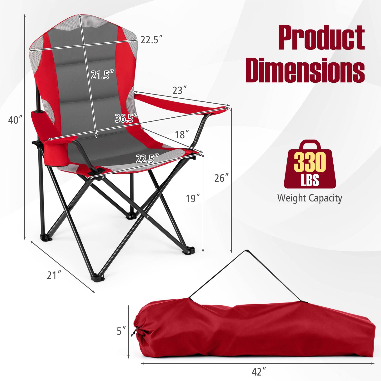 21.5"  
22.5" 23"  
Product Dimensions  
40"  
36.5" 22.5"  
18" 19"  
26"  
330 LBS Weight Capacity  
21"  
5"  
42"