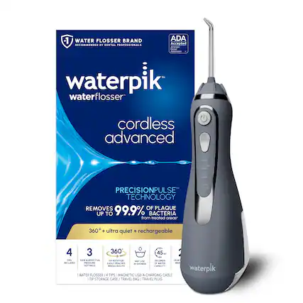 1 WATER FLOSSER BRAND RECOMMENDED BY DENTAL PROFESSIONALS ADA Accepted American Waterpik waterflosser cordless advanced MODE HIGH MEDIUM LOW - PRECISIONPULSE TECHNOLOGY REMOVES UP TO 99.9% OF PLAQUE BACTERIA from treated areas 360° ultra quiet + rechargeable 4 3 360° 45 - SECONDS OF WATER CAPACITY - FIPS SAFE & EFFECTIVE TOP ROTATION MAP US SNCONES TEAR NCULARO PRESSURE ASA? REACHES SHORER MATER WL A TINS -A MOATM CAPALITT - WATER FLOSSER 4 TIPS MAGNETIC USB-A CHARGING CABLE TP STORAGE CASE TRAVEL BAG TRAVEL PLUG waterpik