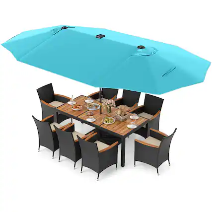 Front. Gymax - Gymax 11 PCS Patio Dining Set w/ 15ft Double-Sided Patio Umbrella (Base Included) Beige - Beige.