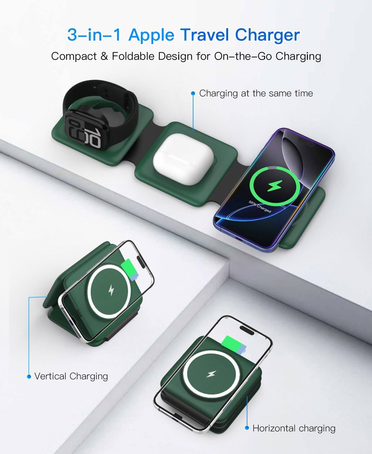 3-in-1 Apple Travel Charger  
Compact & Foldable Design for On-the-Go Charging  

- Charging at the same time  
- Vertical Charging  
- Horizontal charging