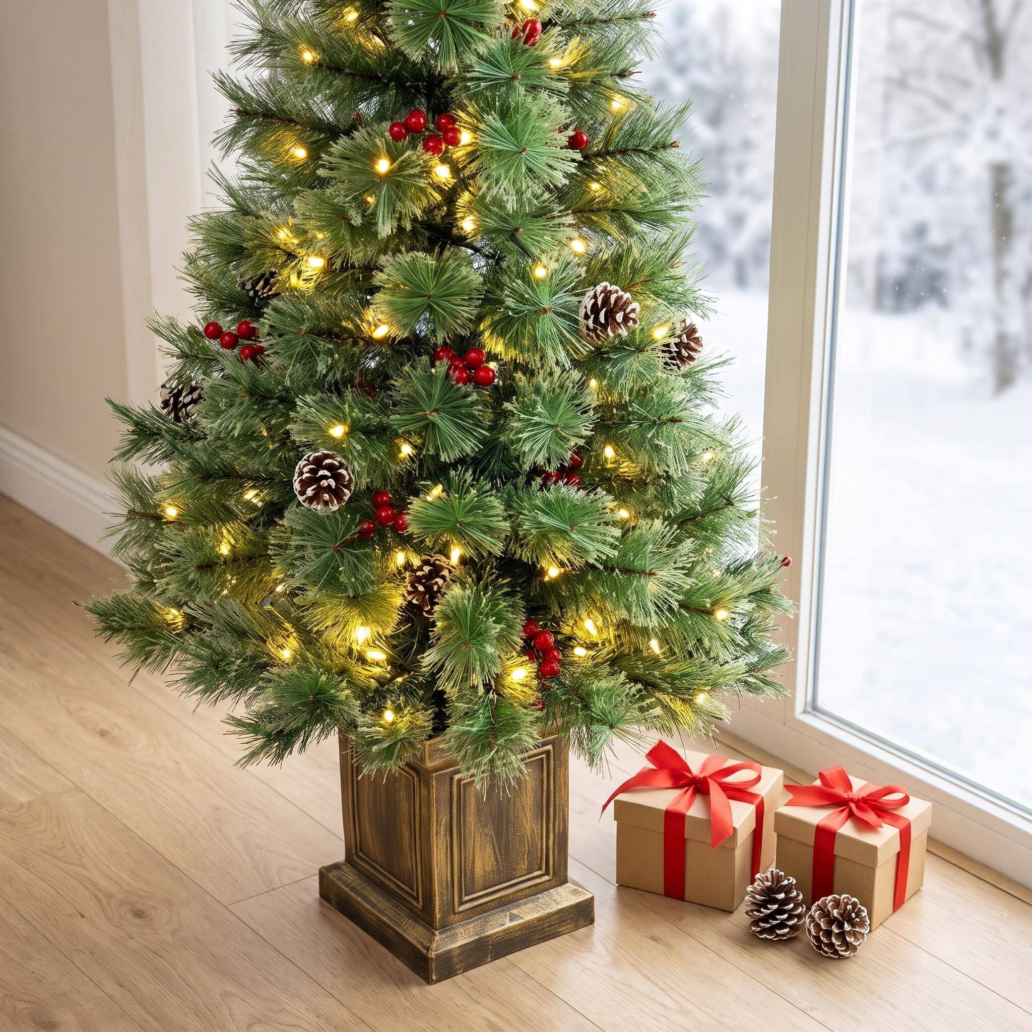 Alt View 6. Forest'nSky - 4 ft . Pre-Lit Green Artificial Pine Christmas Trees with Dual-Color LED Lights and Remote Set of 2 - Green.