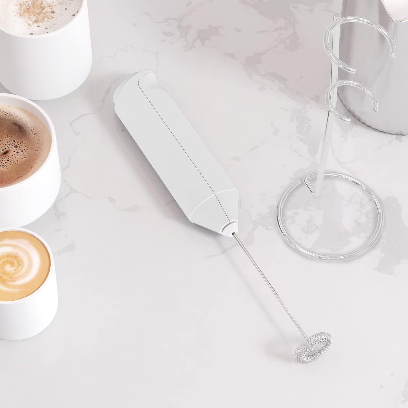 Tooloton - Handheld Milk Frother, Mini Foam Maker for Coffee, Matcha and Hot Chocolate, Stand Included - White