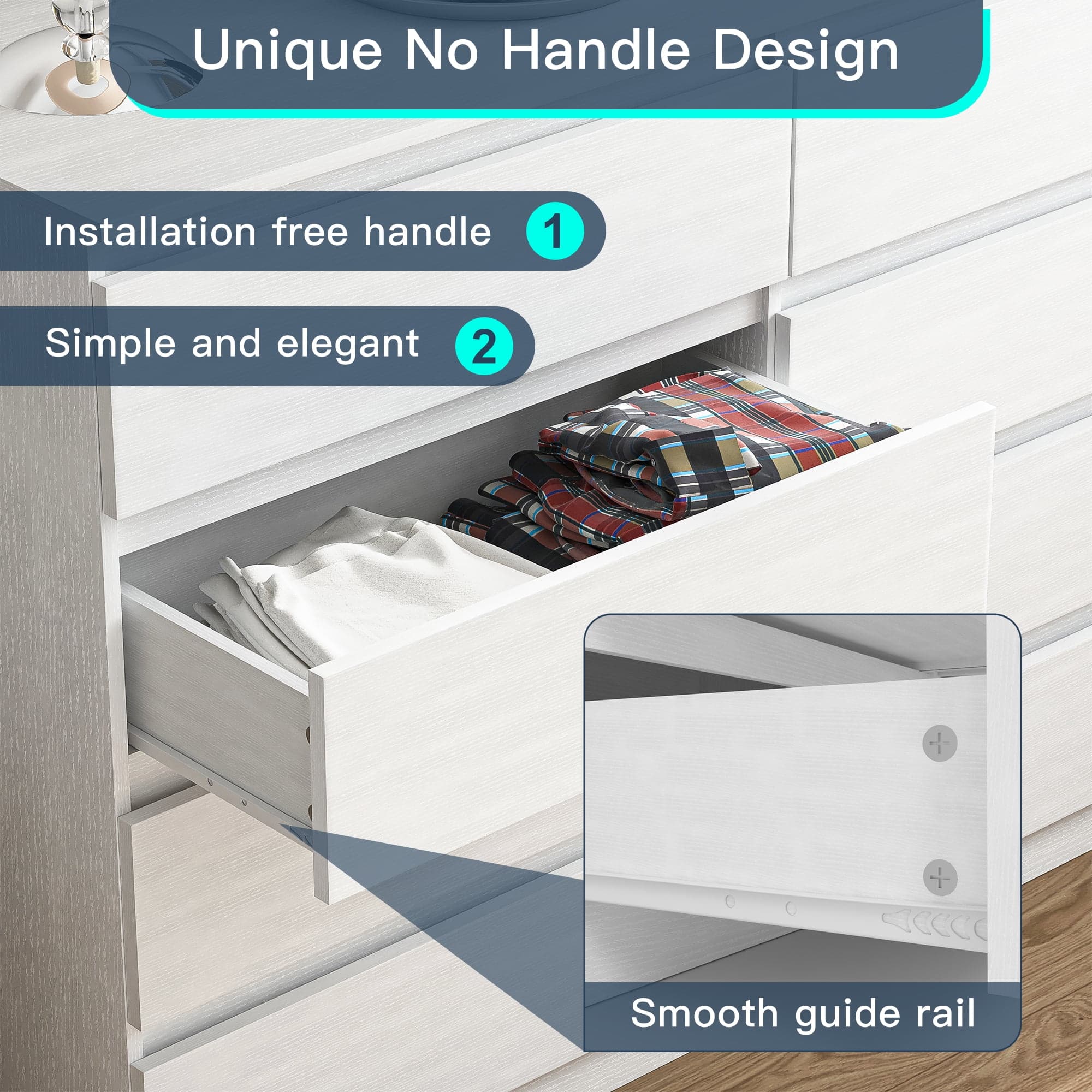 Unique No Handle Design
1. Installation free handle
2. Simple and elegant
Smooth guide rail