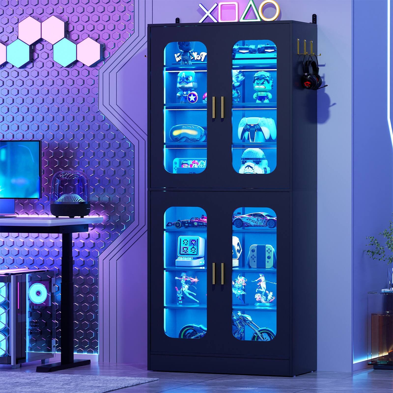 Front. Aheaplus - 8-Tier LED-Lit Cabinet with Adjustable Shelves & 67" Tall Hooks,Space-Saving Organizer for Living Room/Entryway - Black.