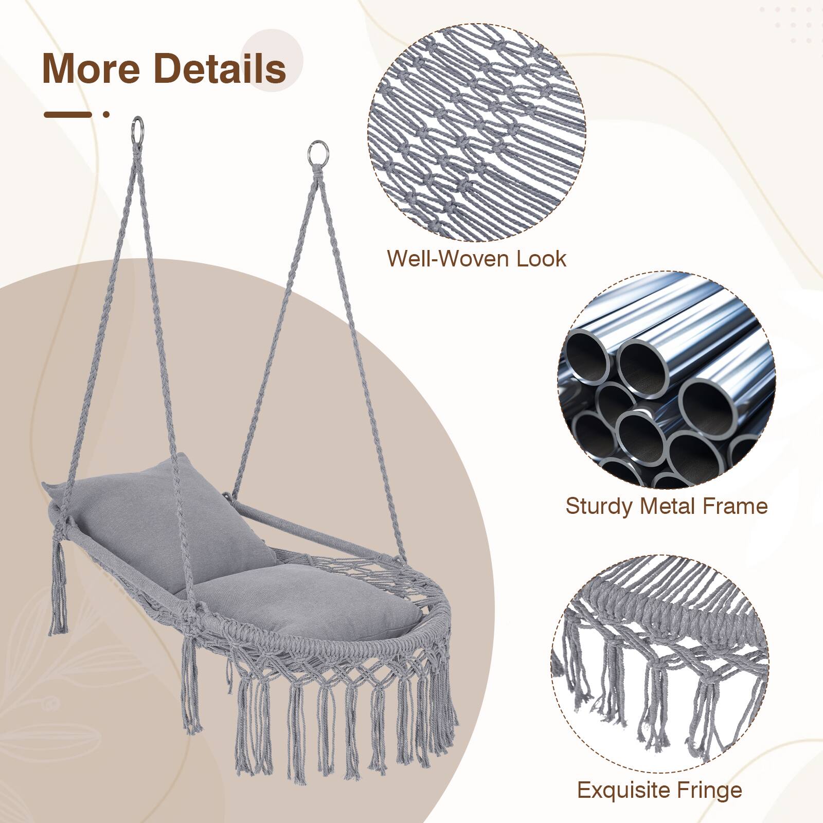 More Details

- Well-Woven Look
- Sturdy Metal Frame
- Exquisite Fringe