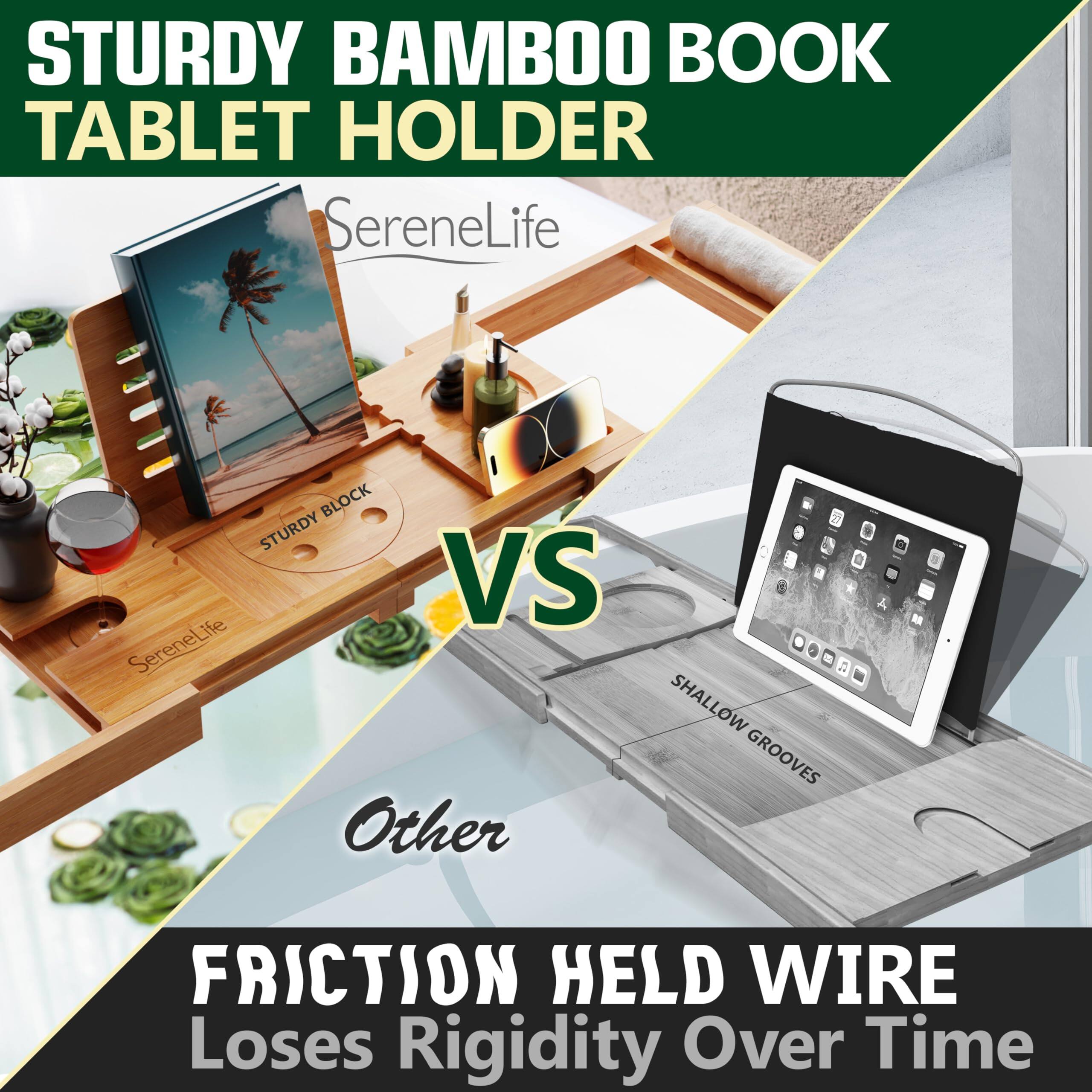 STURDY BAMBOO BOOK TABLET HOLDER  
SereneLife  

VS  

Other  

SHALLOW GROOVES  
FRICTION HELD WIRE  
Loses Rigidity Over Time