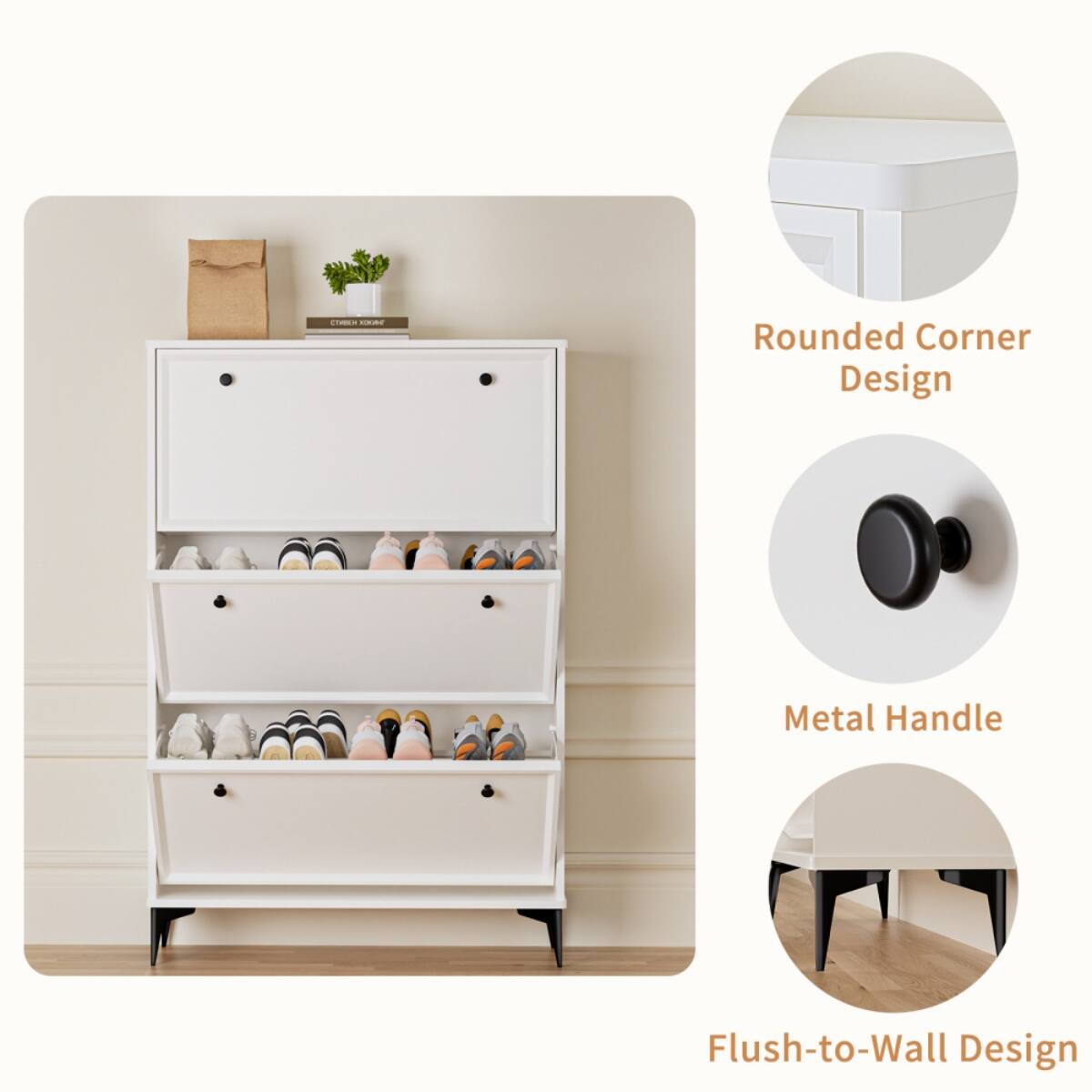 - Rounded Corner Design
- Metal Handle
- Flush-to-Wall Design